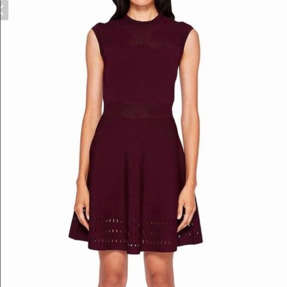 Ted Baker Maroon Aubrey Skater A-line Eyelet Knit Cocktail Burgundy Dress Large - Picture 1 of 13